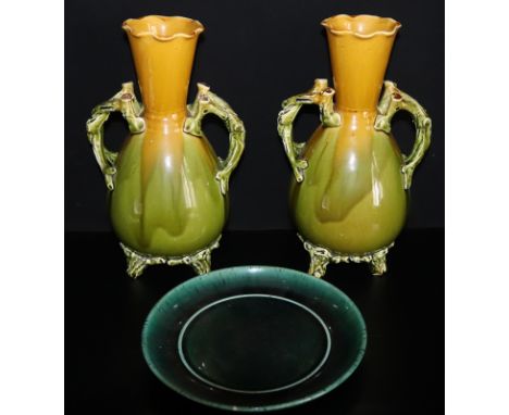 3 Pieces Of Antique Green Glazed Pottery Comprising A Linthorpe Plate Impressed Number 525 Diameter 8 Inches And A Pair Of Na