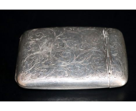 Edwardian Silver Cigarette Case, Engraved Foliage Decoration Throughout, Pressure Release Spring Action Hinged Top And Front,