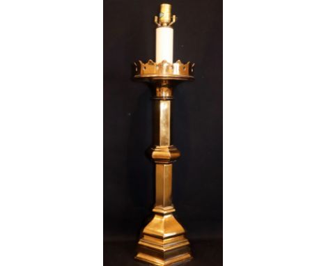 Victorian Lacquered Brass Alter Stick Of Gothic Form, Adapted To Electric, Overall Height 31 Inches 