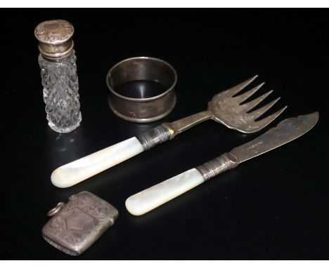 Small Mixed Silver Lot To Include A Silver Topped Scent Bottle, Napkin Ring And Vesta, All Fully Hallmarked. Together With Mo