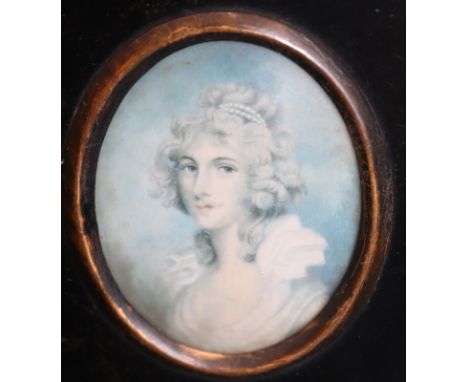 Framed Portrait Miniature Painted On Ivory Depicting An Elegant Lady With Pearls In Her Hair, 13.5 x 12 Inches