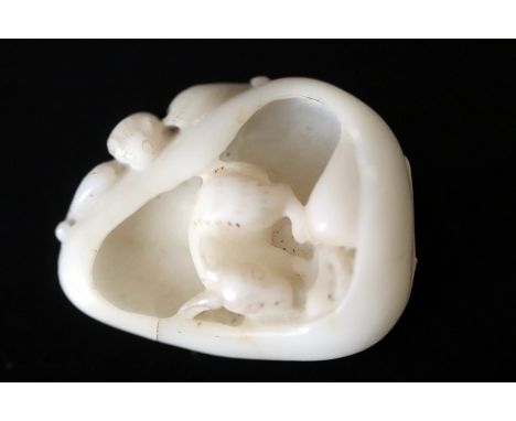 Antique Chinese Mutton Fat Jade Pebble, With Carved Dog Like Animal To Centre Surmounted With A Bat. 2 x 1.5 Inches 