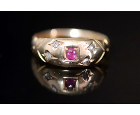 Ladies 15ct Gold Ruby And Diamond Gypsy Ring, Fully Hallmarked For Chester, Ring Size N, approx 3g