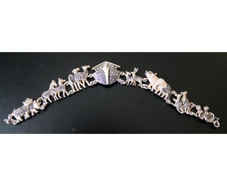 Art Deco Silver Noahs Ark Bracelet Set With Marcasites, Stamped 925