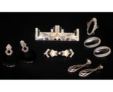 Mixed Lot Of Art Deco Jewellery Comprising Enamel & Paste Brooches, 2 Pairs Of Silver & Marcasite Earrings & Ring Plus Silver