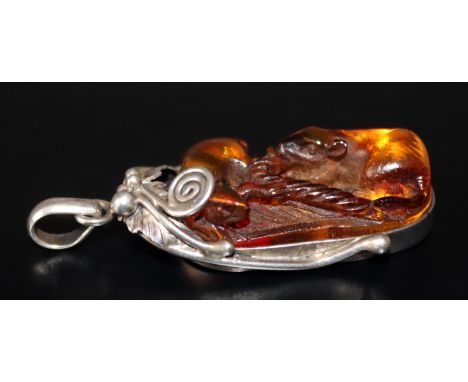 Oriental Carved Amber Netsuke Set In A Silver Mount, Depicting Two Rats, Signed With Red Seal With Ivory Cord Holes, Length 2