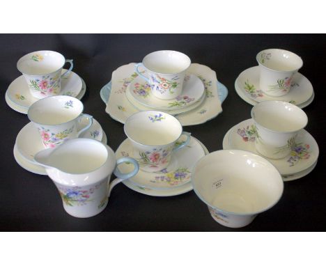 Shelley Wild Flowers 13668 Tea Set, To Include Six Cups, Saucers And Side Plates, Cream, Sugar And B&B Plate. 21 Pieces, Thre