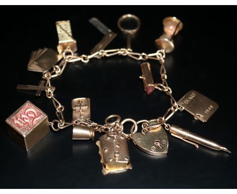 9ct Gold Charm Bracelet, Set With 13 Charms. To Include Mouse Trap,Fountain Pen, Cottage, Dice, Comb etc 