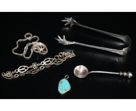 Small Mixed Lot To Include A Freeform Turquoise Pendant In Gold Surround, Silver Sugar Nips, Silver Salt Spoon, Silver Bracel