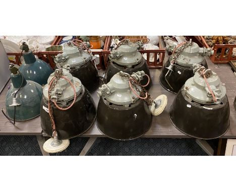COLLECTION OF INDUSTRIAL CEILING LIGHTS WITH A BRASS HANGING LIGHT