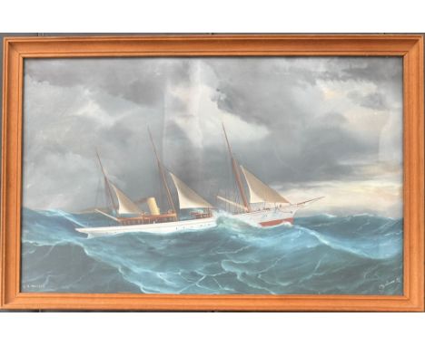 ANTONIO DE SIMONE (1840-1915) GOUACHE ''SAILING STREAM YACHT THISTLE'' SIGNED - 30CM X 48.5CM - SOME LIGHT STAINING