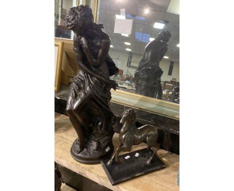 CAST BRONZE HORSE FIGURE &amp; SEATED LADY FIGURE IN DEEP THOUGHT