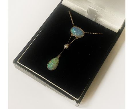 9CT GOLD ART NOUVEAU OPAL &amp; SEED PEARL NECKLACE