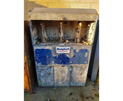 Automobile/motoring interest - A large metal three section oil pump, with a attached Mobiloil sign 