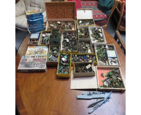 A large collection of vintage plastic soldiers, horses and other figures; together with a collection of Airfix kits and other