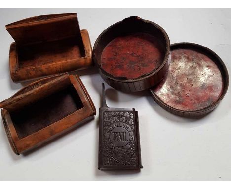 Two 19th century burr walnut snuff boxes, along with a regency circular painted box and a bakelite Edward VIII snuff box