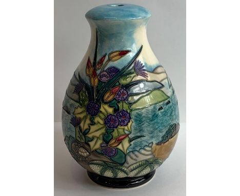 A Moorcroft lamp base, with tubelined decoration of a coastal scene, seashells, sea urchins, thistles and other flowers, 20cm