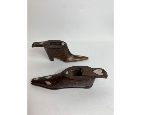 An early Victorian treen snuff box in the form of a shoe, with mother of pearl inlay and nailhead decoration, the base dated 