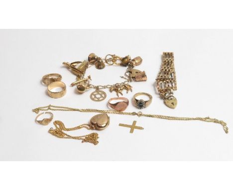 A 9ct gold twisted link gate bracelet; a 9ct gold charm bracelet with various charms attached, to include a koala, a horse, a