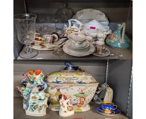 A mixed lot to include a china part tea set, decorative coffee cans with saucers, mixed china, Staffordshire china, together 