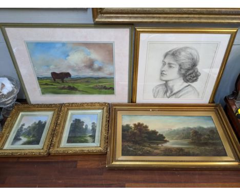 Pictures to include AS - a pair of 19th century river scenes, oil on board, oil on canvas river scene portrait, charcoal and 