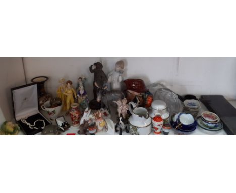 Four bone china figures to include Royal Worcester The Parakeet A/F, ornamental eggs, a string of faux pearls, Japanese vases