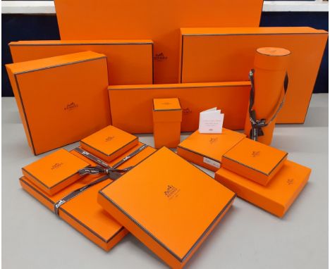 A large quantity of Hermes empty branded boxes to include a Kelly bag box, scarf boxes, tie and jewellery boxes, 14 in total.