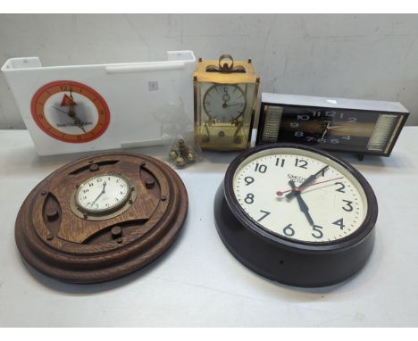 Mixed clocks to include an 8-day Tycos Short and Mason, London wall clock and Smiths Sectric example together with a brass ca