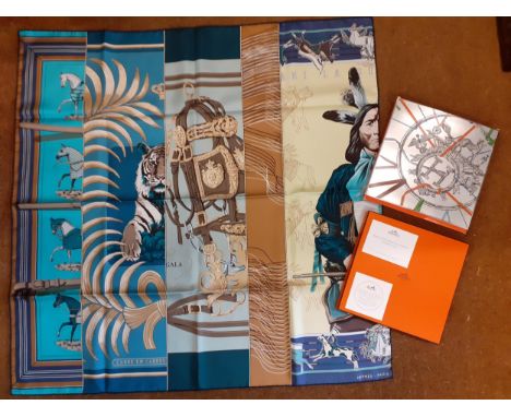 Hermes-A modern 'Ani Lash' silk scarf designed by Gala in blues, greens, brown and white colourway, 90cm x 90cm with orange b