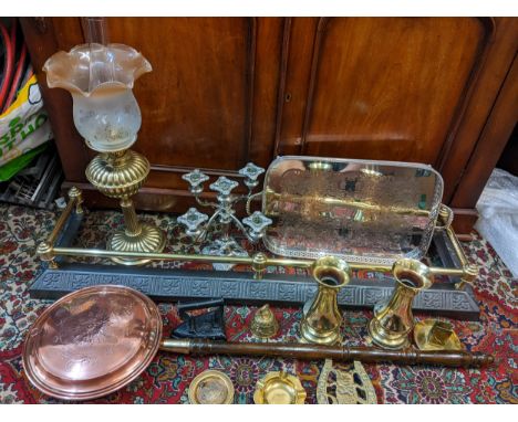Metalware to include a fender, an oil lamp, vases and silver plated candelabra and trayLocation: 