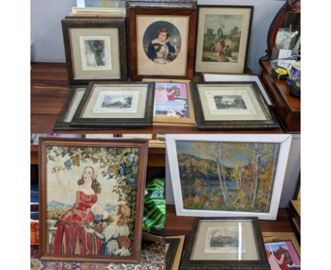 Pictures to include an early 20th century tapestry, prints of buildings prints and an oil paintingLocation: 