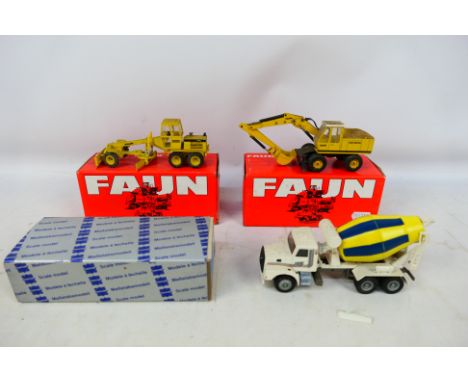 NZG - Conrad - 3 x boxed 1:50 scale models, a Faun FM1035 Excavator # 174, Faun F155 Grader  # 268 and a Volvo N10 Cement Mix