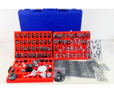 Warhammer - Games Workshop - A large blue Games Workshop carry case containing over 80 predominately built, and largely unpai