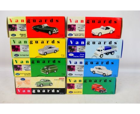 Lledo - Vanguards - 8 boxed mostly 1/43 scale diecast vehicles to include #VA00316 Austin A40 Van, #VA00120 Ford Anglia, VA06