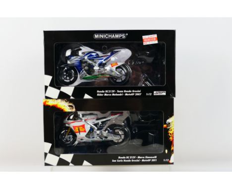 Minichamps - 2 x boxed 1:12 scale models, limited edition Honda RC212V Marco Simoncelli San Carlo Honda Gresini Moto GP 2011 