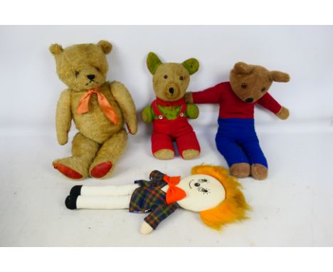 Unmarked Makers - Four unboxed vintage soft toys, including a straw filled Pig wearing red dungarees approximately 36cms in h