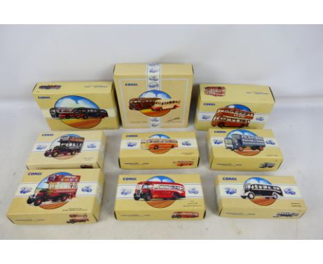 Corgi - 9 1/50 scale Boxed Corgi vehicles to include #97075 The South Wales Bedford Coach & AEC Regal, #97800 Sumbeam Trolley