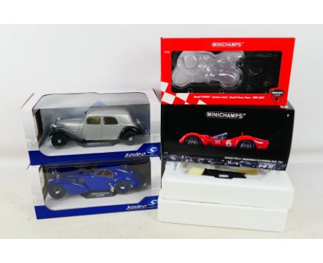 Solido - 2 x boxed 1:18 scale cars, Citroen Traction Avant 11CV and Bugatti Atlantic Type 57SC. They are dusty from display a