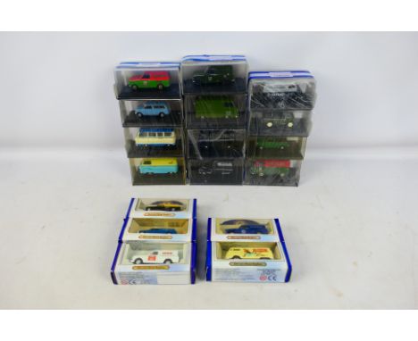 Oxford - Roadshow - 17 1/43 scale diecast vehicles in perspex case to include a Walls Ice cream van, Austin J2 Police Van, La
