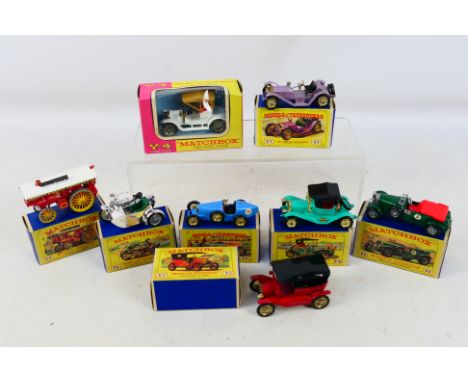 Matchbox - 8 boxed diecast vehicles to include #Y-8 1914 Sunbeam Motor Cycle, #Y-7 1913 Mercer Raceabout, #Y-5 1929 4 1/2 lit