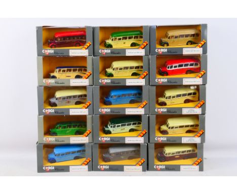 Corgi - 15 boxed Diecast Bedford OB type coaches in 1/43 scale. Includes #C949/9 Premier Travel, #C949/4 Grey Cars, #C949/2 R