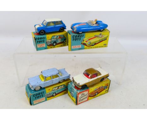 Corgi - 4 boxed original Corgi diecast vehicles in playworn condition. Includes #231 Triumph Herald Coupe, #151A Lotus Mark E