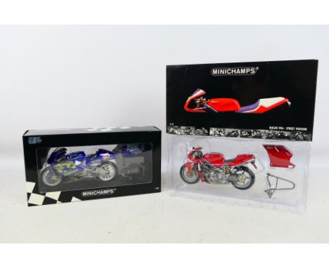Minichamps - 2 x boxed 1:12 scale models, a Kenny Roberts Suzuki RGV 500 Telefonoca MoviStar GP 2000 # 006202 and a Ducati 99
