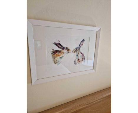 Canvas Giclee Watercolour Art Print By Nicola Jane Rowles Titled Kissing Hares In A White Wood Glazed Frame 46 x  33cm