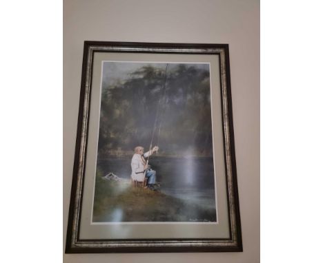 A Framed Print Of A Man Sitting By A River Fishing Signed Possibly By Brian Barrington Dated 92 In Glazed Frame 54 x  71cm