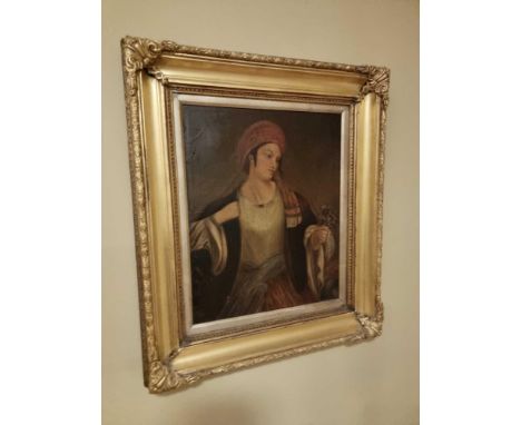 Oil On Canvas, Continental School Portrait Of A Woman Holding A Flower Posy In A Gold Wood Frame 44 x  50cm