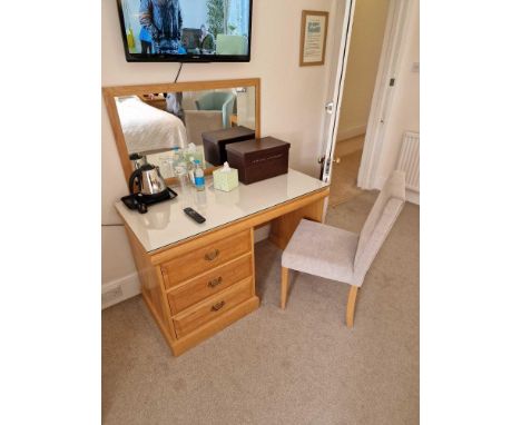 Light Oak Writing Desk Functional Design Emphasising The Natural Grain Of Wood The Plank Top Moulded Left Above A Set Of Thre