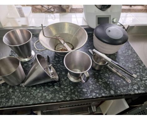 Various Kitchen Chef Manual Accessories To Include Jugs, A Ricer, Depositor And Salad Spinner
