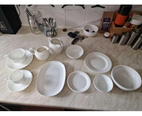 Various Villeroy And Boch White Tea Service Elements To Include Cups, Saucers, Sugar Bowls, Jugs Etc