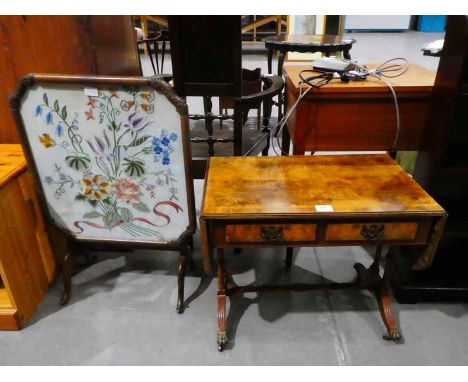 A small reproduction Sofa Table and a flip top Firescreen with embroidered panel 